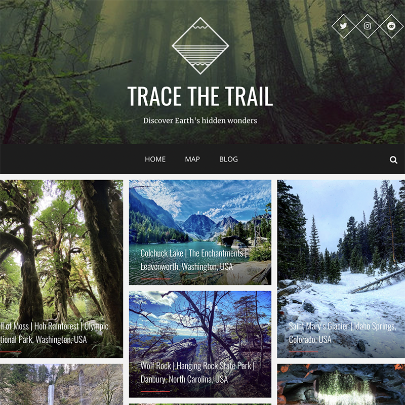 The homepage of tracethetrail.com, showing some beautiful nature landscapes