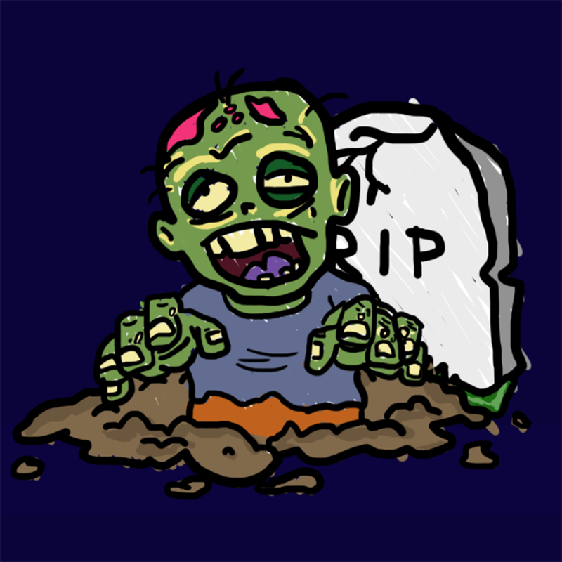 A cartoon zombie coming out of a grave